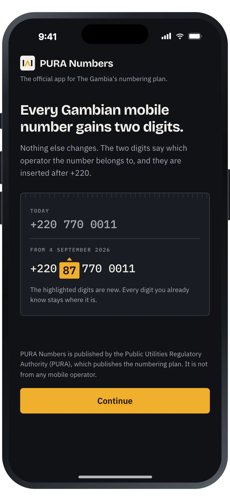 The opening screen of PURA Numbers, stating that every Gambian mobile number gains two digits.