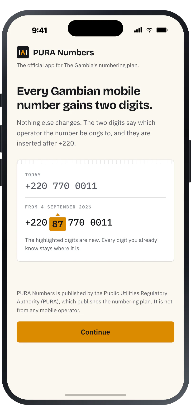The opening screen of PURA Numbers, stating that every Gambian mobile number gains two digits.