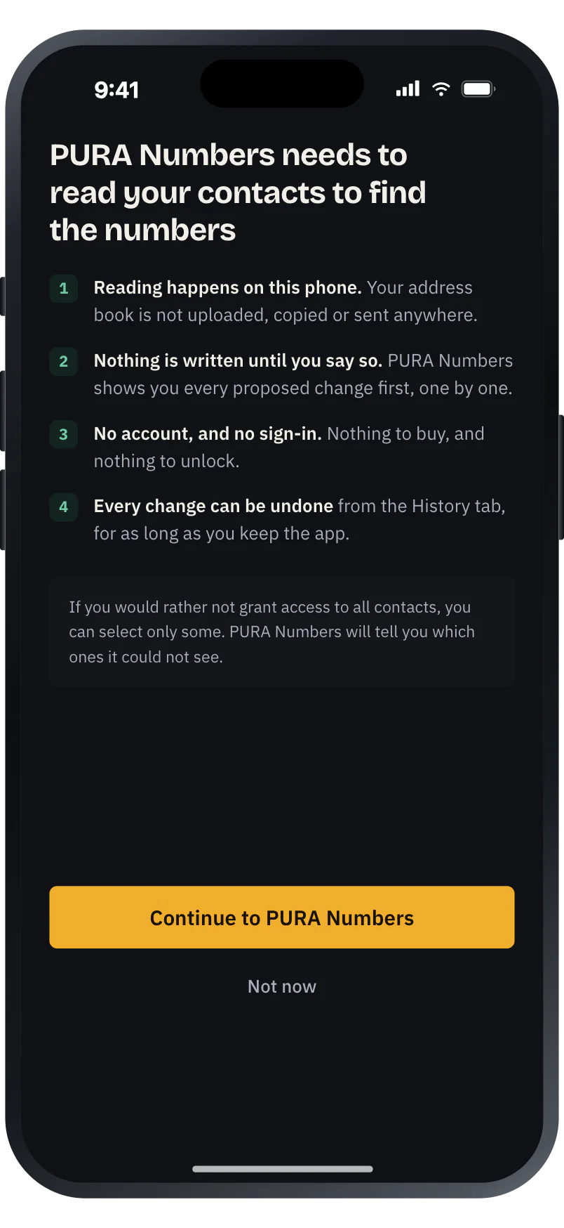 The permission screen, explaining what PURA Numbers does with contacts access before asking for it.