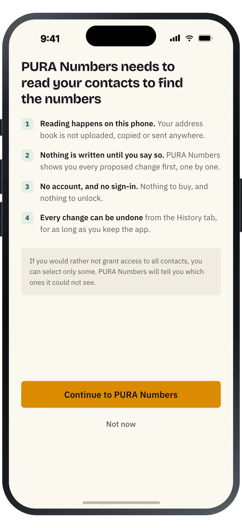 The permission screen, explaining what PURA Numbers does with contacts access before asking for it.
