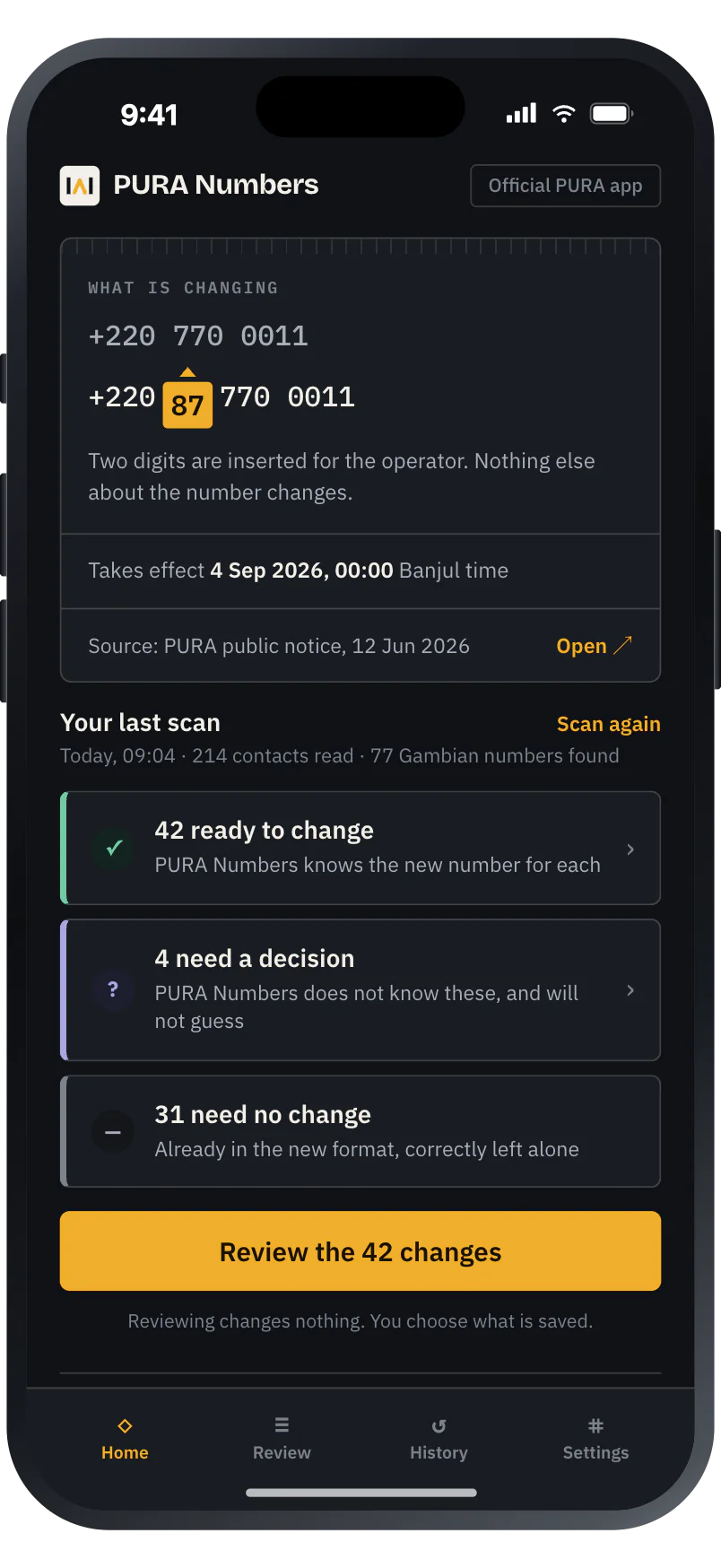 The PURA Numbers home screen after a scan: 42 numbers ready to change, 4 needing a decision, 31 unchanged.