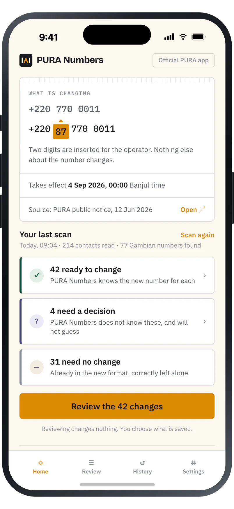 The PURA Numbers home screen after a scan: 42 numbers ready to change, 4 needing a decision, 31 unchanged.