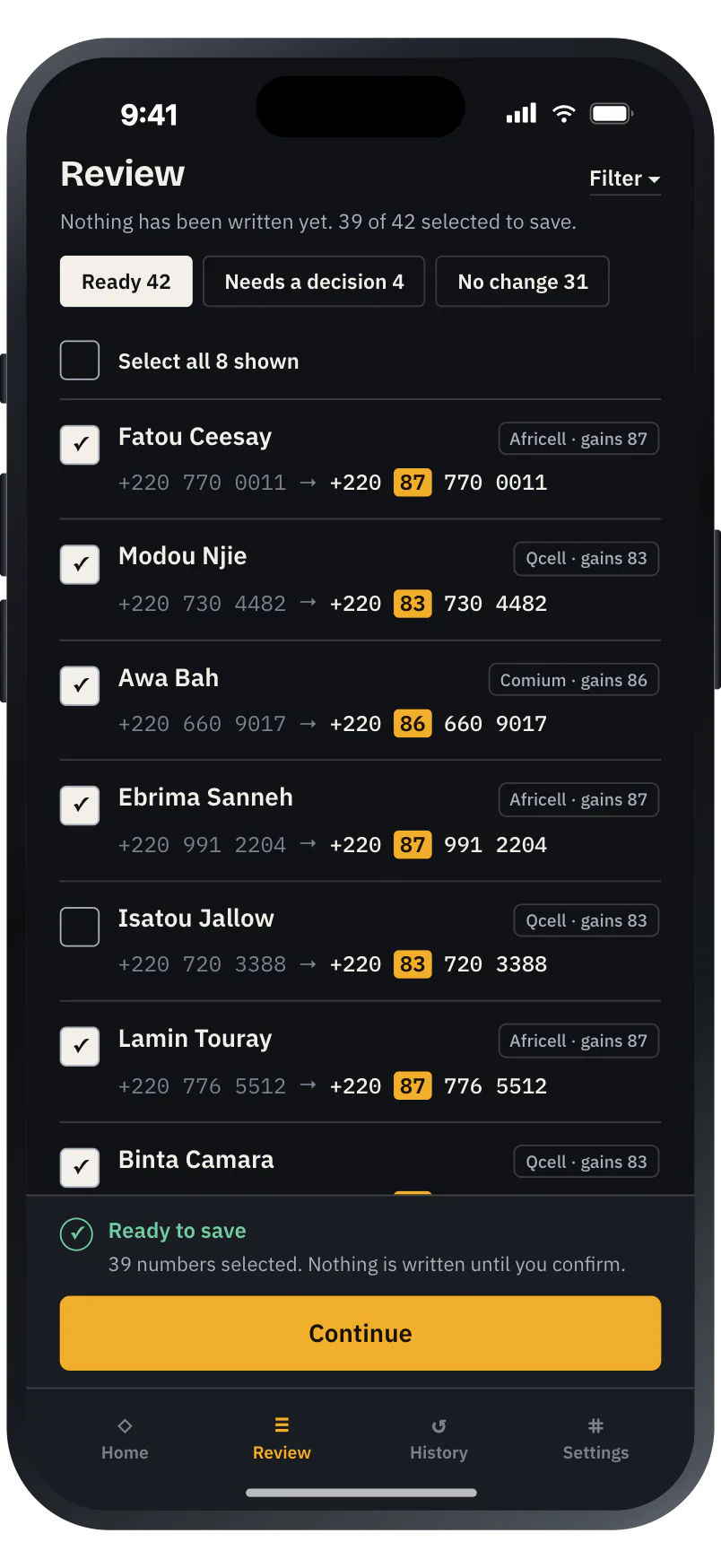 The review list, showing each contact's old and new number with the inserted digits highlighted in ochre.