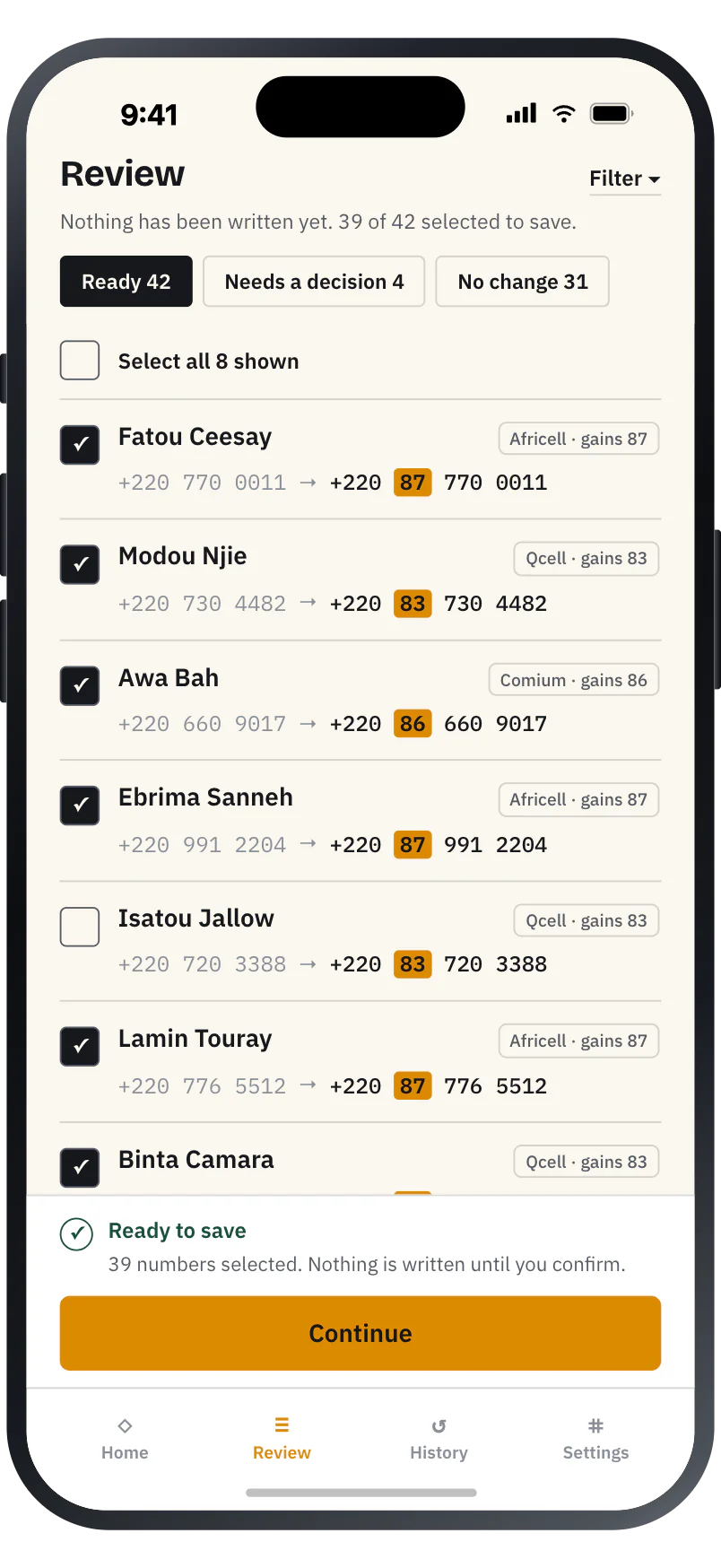 The review list, showing each contact's old and new number with the inserted digits highlighted in ochre.