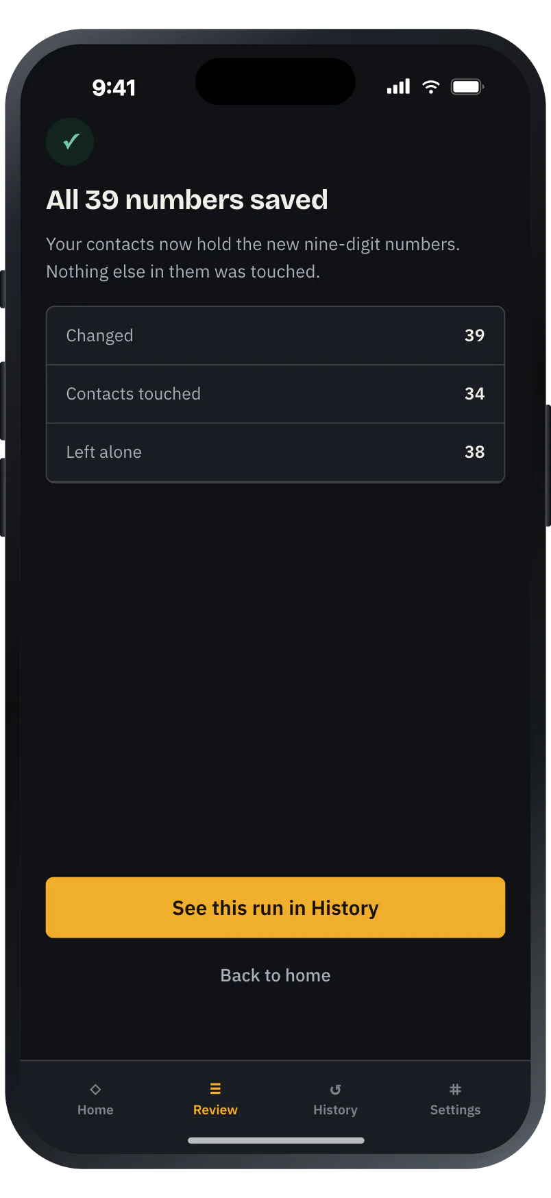 The result screen after saving: 39 numbers changed, 34 contacts touched, 38 left alone.