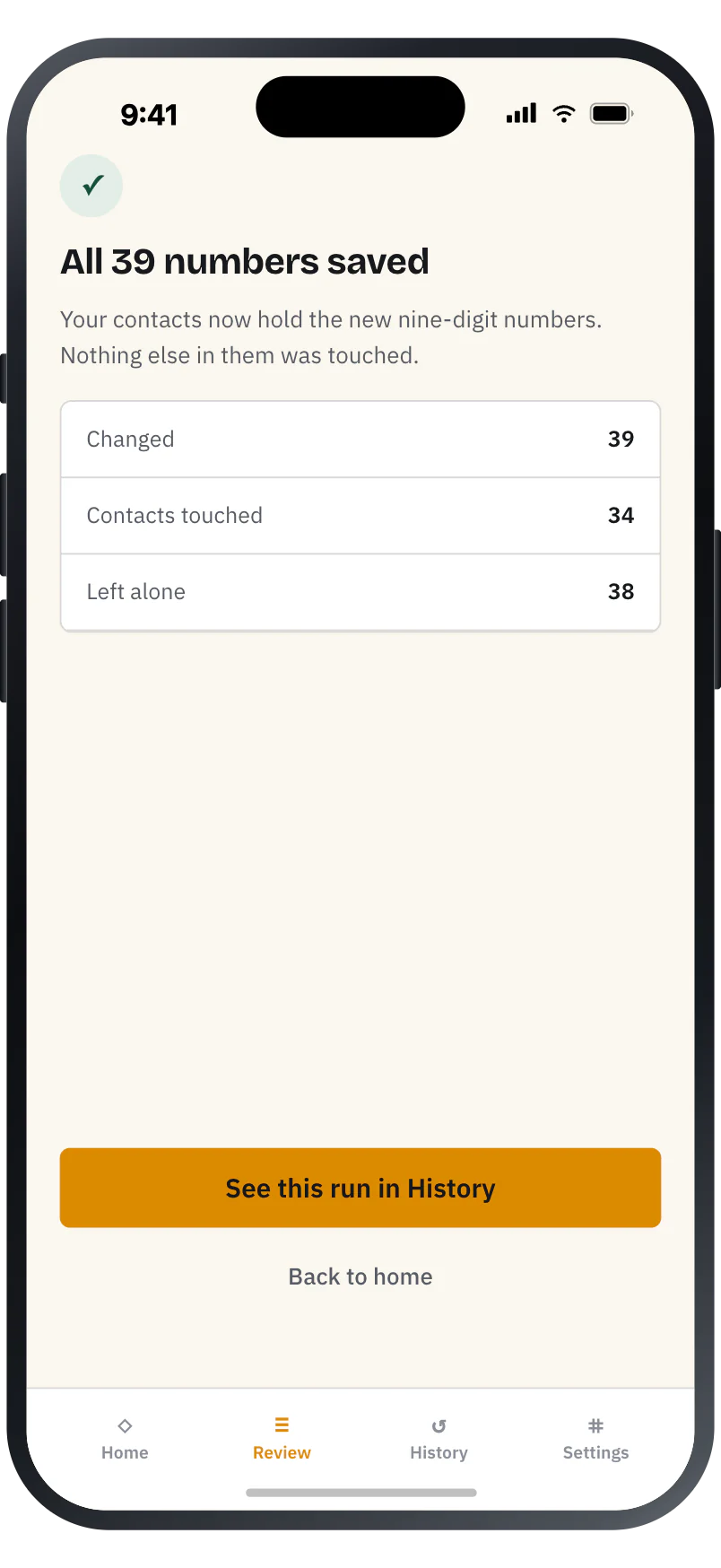 The result screen after saving: 39 numbers changed, 34 contacts touched, 38 left alone.