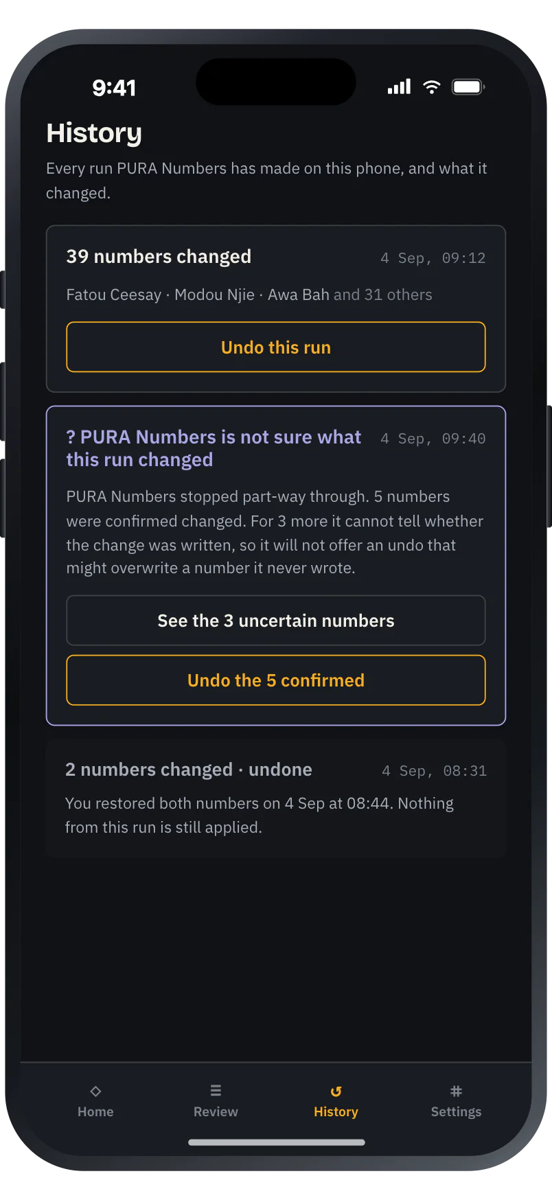 The History tab, listing previous runs with undo available on each.
