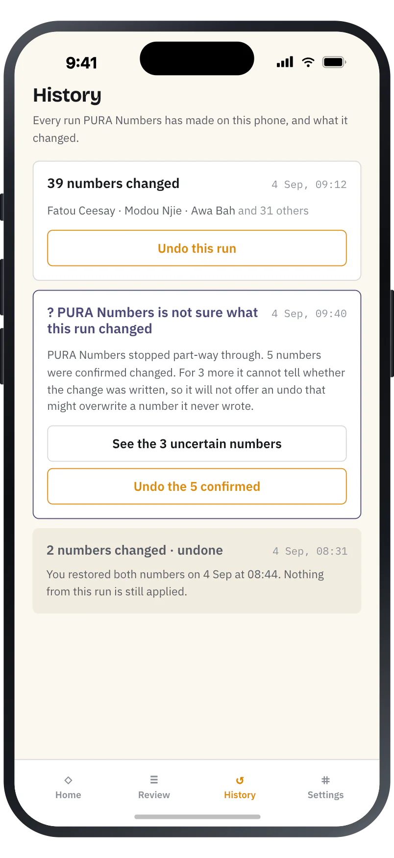The History tab, listing previous runs with undo available on each.