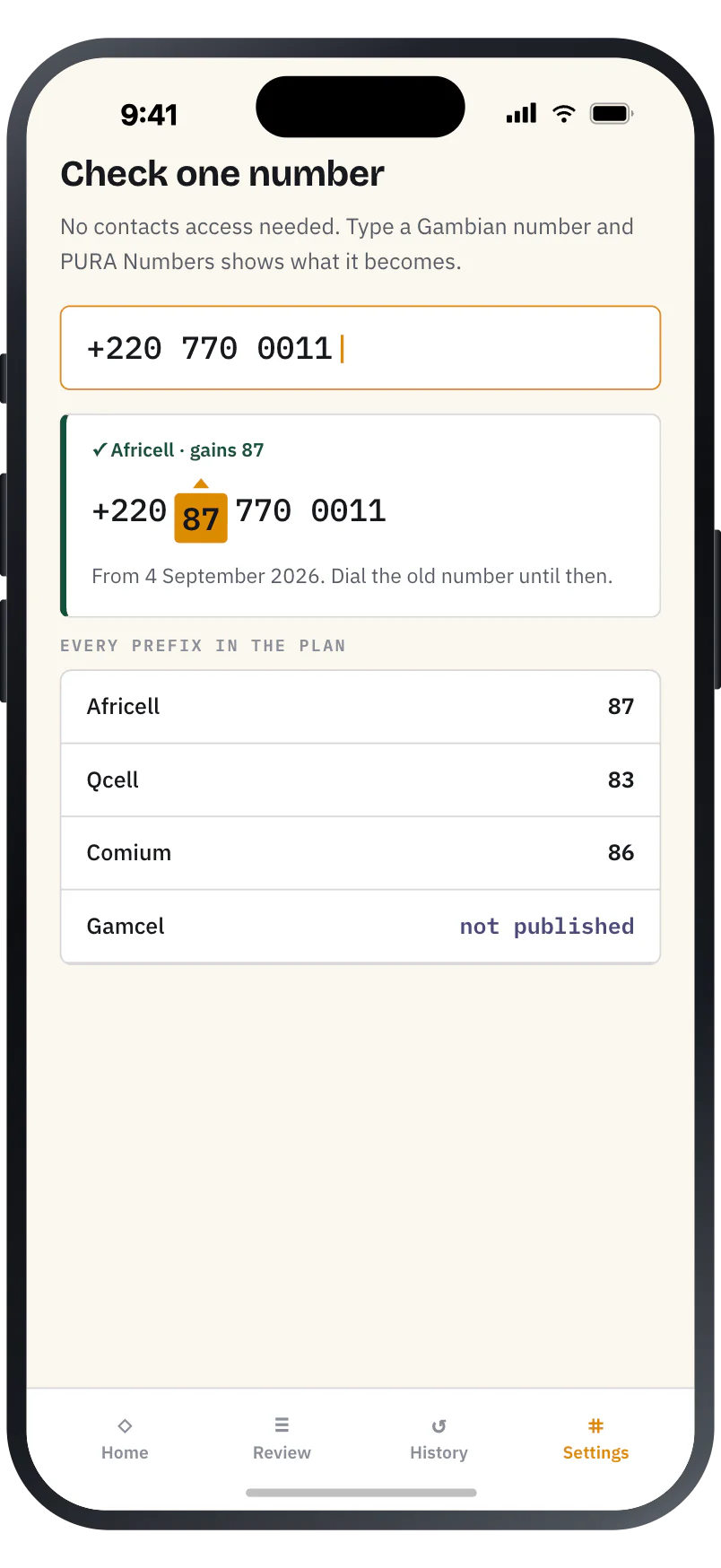 The manual lookup: type one Gambian number and see what it becomes, with no contacts access.